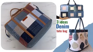 3 ideas denim zipper tote bag from jeans scrap patchwork technique , diy denim zipper tote bag