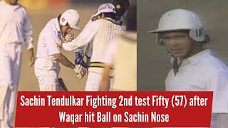 Sachin Tendulkar Fighting 2nd test Fifty (57) after Waqar hit Ball on Sachin Nose in Sialkot 1989