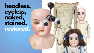 Restoring stained, headless, eyeless, Antique Bisque Doll.