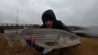 pescando bajo una lluvia fuerte con viento de 25 millas por ora pero tube un poco de suerte