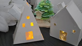 easy to make snow houses from soap boxes, best out of waste, Christmas tabletop tray decoration idea