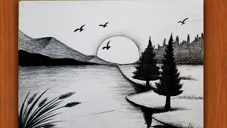 How to draw easy village scenery Mountains,  tree Sunset | Pencil drawing scenery | Pencil drawing