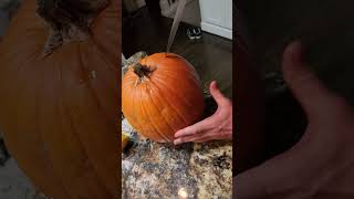 Carving a pumpkin with a giant knife