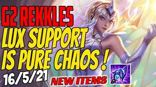 G2 Rekkles Plays LUX Support vs Rell - Challenger Gameplay - New Items - Season 11 - Luden's Tempest