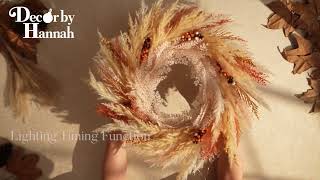 Collapsible Fall Wreath, 24'' Pre-Lit Artificial Pampas Grass Wreath for Front Door