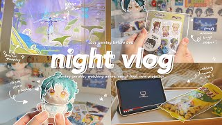 cozy night vlog 🌙 trying genshin on a projector, diy home theater, watching anime, merch haul