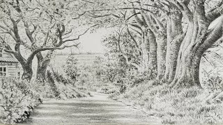 How To Draw Grass,Trees And Bushes In A Village Scenery With Beautiful Neture : Step By Step Drawing