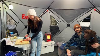 Cozy Winter Camping In Freezing Rain Storm | Cooking Gourmet Risotto