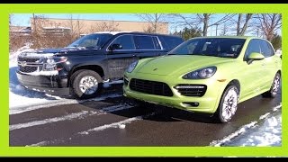 test in deep snow Porsche Cayenne GTS vs  Chevrolet  Suburban