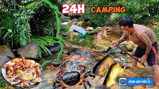 24h xây dựng nơi trú ẩn trên con suối bẫy thú rừng | 24h Camping in the following forest