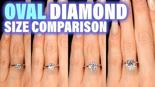 Oval Shaped Diamond Size Comparison on Hand Finger Engagement Ring Cut .75 Carat 2 ct 1 3 4 1.5 .25