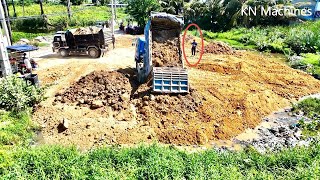 Wonderful Project, Land Filling Up By Truck5T Unloading And Old Bulldozer Pushing Soil Into Water