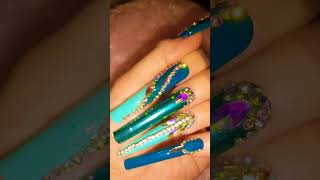 Glam Luxury Mermaid Blue Bling Handmade Nails By Me #blingnails #bling #glam #fyp #luxury #nailart