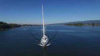 SY Tristan sailboat on the Columbia from the air