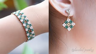 Cluster diamond jewelry set with only seed beads. Bracelet and earrings. Beading tutorial