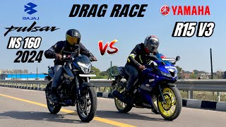 bajaj Pulsar ns 160 2024 vs Yamaha R15 v3 | DRAG RACE | 5 gear hi kaafi hai 🤣