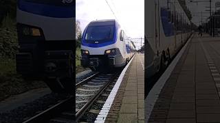 Treinen op station Wolfheze. Blauwe neus Flirt sprinter vertrekt naar Ede - Wagingen.