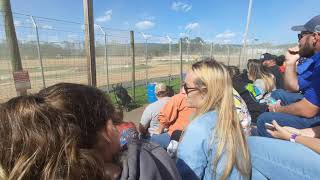 Monster truck wheelie competition at Clinton County speedway.