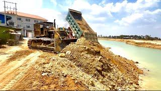 Wonderful Action Moving Stone To Water By Bulldozer D60 & Dump Truck 25T Unloading #truck