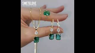 Cushion Cut Emerald Enagement Ring&Earrings&Necklace Jewelry Set