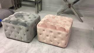 Grey and Blush Pink Velvet Square Stools With Tufted Buttons