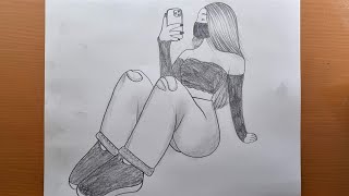 Como desenhar uma garota sentada facilmente tirando uma selfie || Esboço a lápis | Desenho de menina