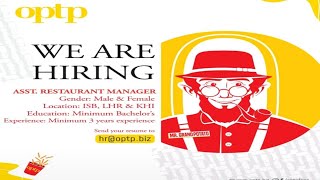 OPTP Restaurant Hiring Assistant Restaurant Manager For Karachi, Lahore & Islamabad