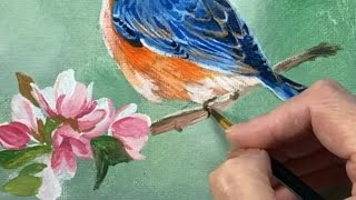 How to Paint Realistic Spring Bird & Flowers / Easy Acrylic Painting Tutorial For Beginners #432