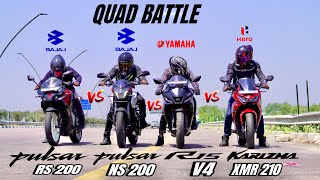 2024 pulsar ns 200 vs Karizma xmr 210 vs Yamaha R15 v4 vs pulsar rs 200 | quad battle | drag race 🔥