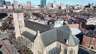 4K Drone View: Cathedral of the Holy Cross & Boston's South End - Massachusetts Cityscapes Day/Night