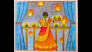 Diwali Drawing Easy / Girl holding diya / Happy Diwali Drawing / Diwali Night Drawing /Diwali Poster