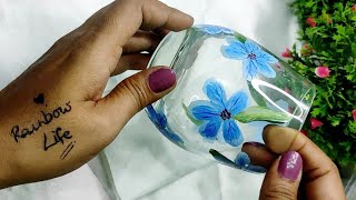 How to paint on glass || acrylic painting #acrylicpainting #blueflowers #glass