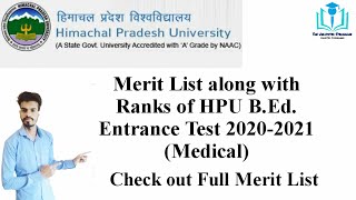 HPU B Ed Entrance 2020-21 Test Merit List along with Ranks for Medical Students | HPU | B Ed