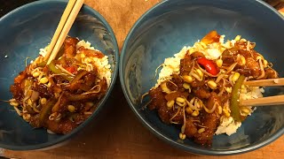 Sweet and sour chicken Cantonese style with egg fried rice recipe with homegrown bean shoots