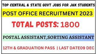 Post office Recruitment 2023 | 1800+ New Posts |  Assiatant,Sorting Assistant | 12th & Graduation