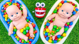 Satisfying ASMR | Glossy BathTubs Full of Mixing Candy with Mesh Grid Balls & Fairy Skittles Slime