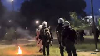 Greece, Throwing Molotov cocktails and fireworks at police, Thessaloniki during the student protest.