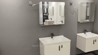 Wall mounted simple design white pvc bathroom mirror vanity cabinet set with ceramic basin 3005