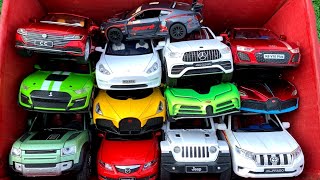 Box Full of Car Toys /Ford Mustang GT500, Audi R8, Bugatti Divo, Land Rover Defender, Jeep Wrangler