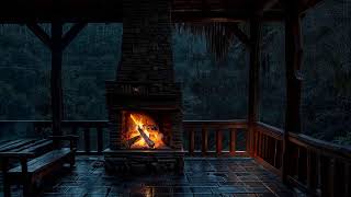 😴Relax On The Balcony On A Rainy Day ⛈ Crackling Fireplace, Rain and Thunder For Healing, Relaxing💤