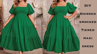 EASY SHIRRED/SMOCKED TIERED MAXI DRESS.. How To Make An Off shoulder Tiered Smocked Dress