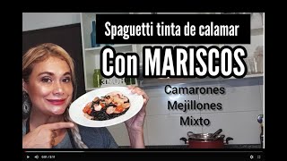 Spaghetti Tinta de Calamar 🦑 con Mariscos 🦀🍤