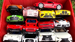 Box Full of Car Toys /Ford GT, Ford Mustang, GTR R35, Toyota Supra, Lexus 570, Porsche Taycan, Jeep