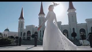 Clarissa Conservative wedding dress with long sleeves and a soft guipure skirt