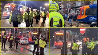 Packed Sheffield Supertrams overseen by lots of police on matchday