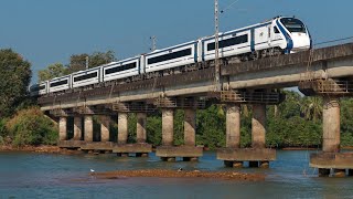 Mangalore Vandebharat trial from Madgaon speeds at Udupi river!