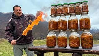 Chef Tavakkul Cooks Canned Beef in Jars! Delicious Meat in the Wild Mountain Nature