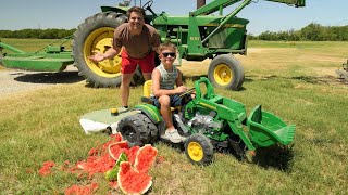 Playing with Mowers on the farm in mud and hay | Tractors for kids