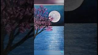 Easy Oil Pastel Drawing | Moonlight Cherry Blossom Painting #viral #trending #shorts