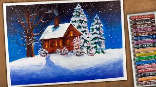 Snowfall Scenery Drawing with Oil Pastels - Winter Snow Scenery - Step by step.